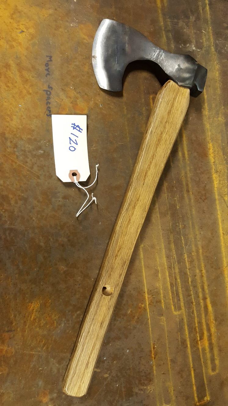 Camp hatchet with light oak handle.